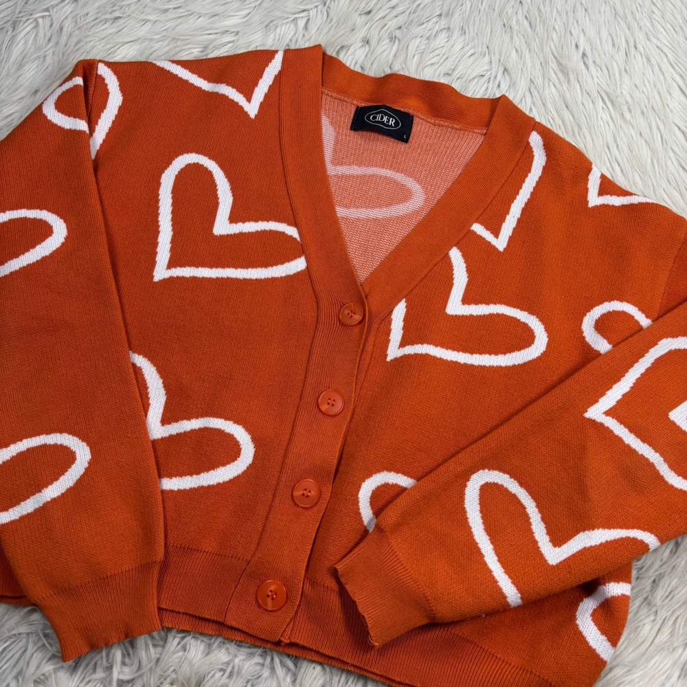 Cider Women's L Orange Cropped Boxy Heart Print Button Cardigan Dopamine Whimsy - Picture 2 of 5
